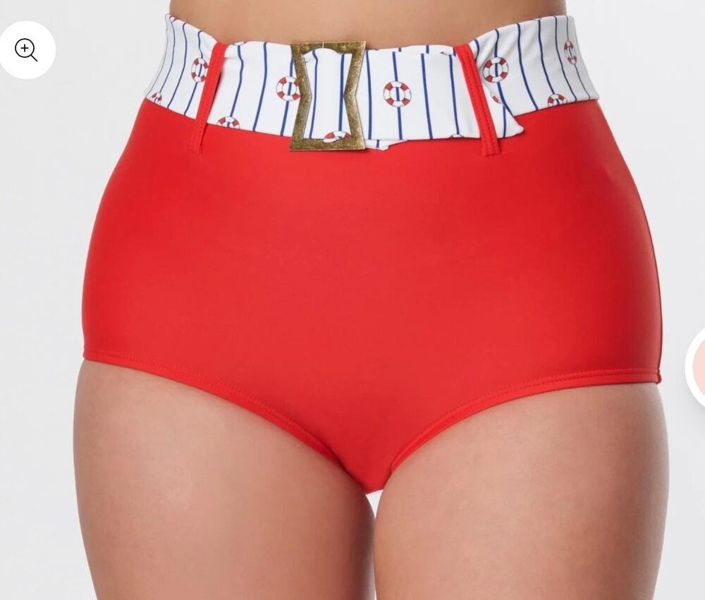 Unique Vintage Red High Waist Belted Retro Bikini Bottom M NWOT